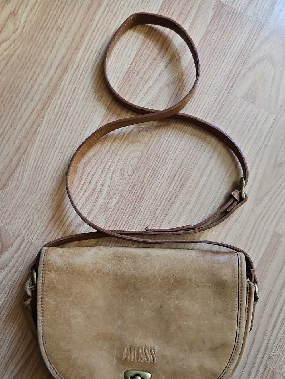 Guess Tan Leather Saddle Crossbody with Brass Hardware